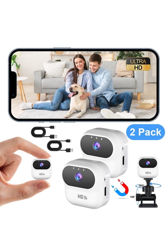 2K WiFi Security Cameras Indoor, Wireless Hidden Spy Camera with Motion Detection and Night Vision, Mini Nanny Cam for Home, 2 Pack, White