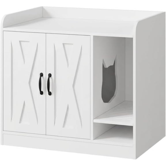 Hidden Cat Litter Box Bench - Wood Enclosure with Divider - Storage Cabinet Side Table - 33x23.6x23.9 in - White