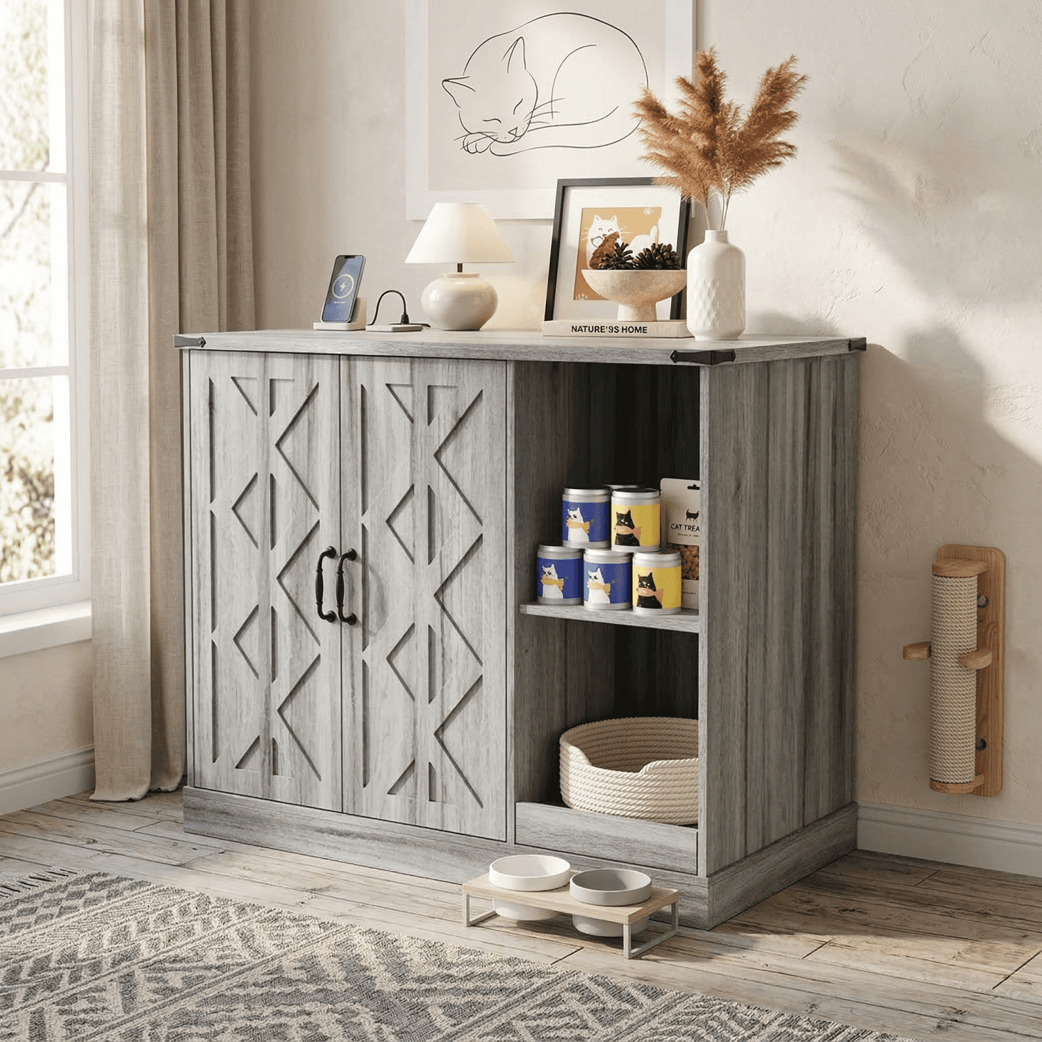 Hidden Cat Litter Box Cabinet with Power Outlet, Modern MDF Litter Box Enclosure with Litter Catcher, Adjustable Shelves & Door Hooks, Indoor Furniture for Large Automatic Litter Box