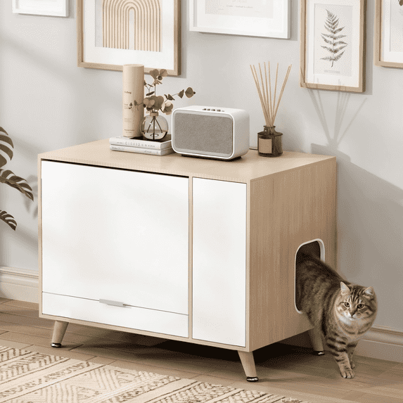 WHIFEA Hidden Cat Litter Box Enclosure with Flip-Up Door & Pull-Out Drawer – Multi-Functional Cat Washroom Furniture, Indoor Cat House and Stylish Pet Cabinet,White