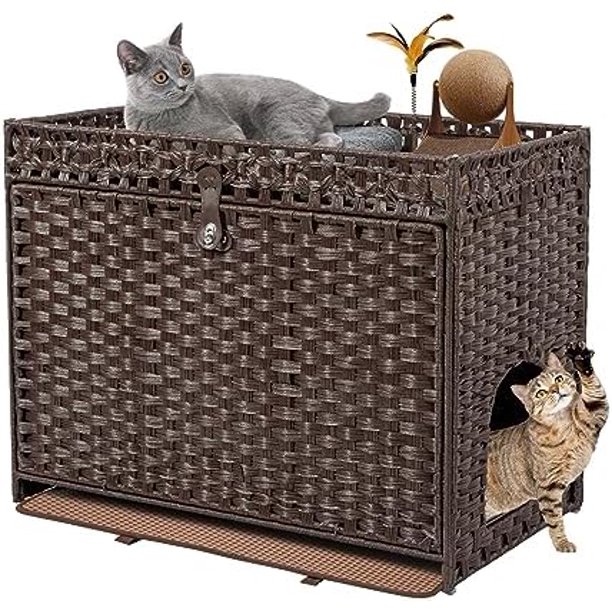 Hidden Cat Litter Box Enclosure Furniture Handwoven Rattan Pet House for Large Cats with Door