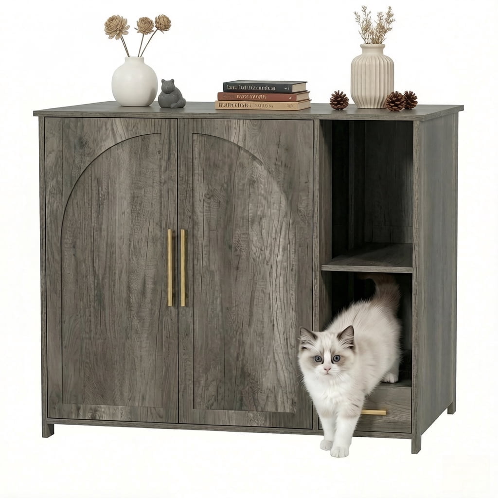 Hidden Cat Litter Box Enclosure Furniture – Large Dog-Proof Litter Box Cabinet with Power Strip, Compatible with Large Self-Cleaning Litter Boxes，Grey
