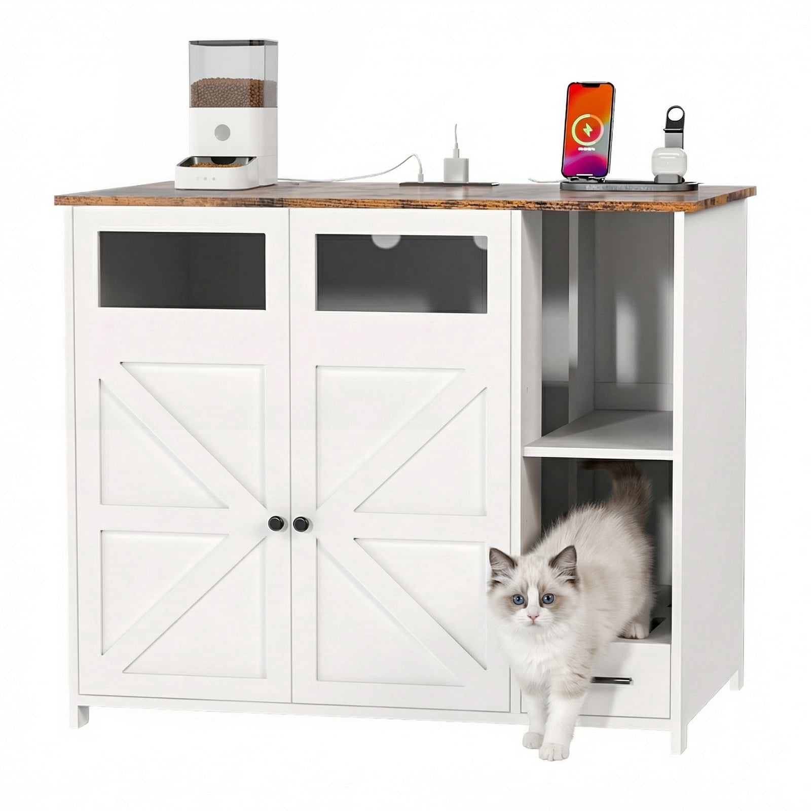Hidden Cat Litter Box Enclosure Furniture – Large Dog-Proof Litter Box Cabinet with Power Strip, Compatible with Large Self-Cleaning Litter Boxes,White