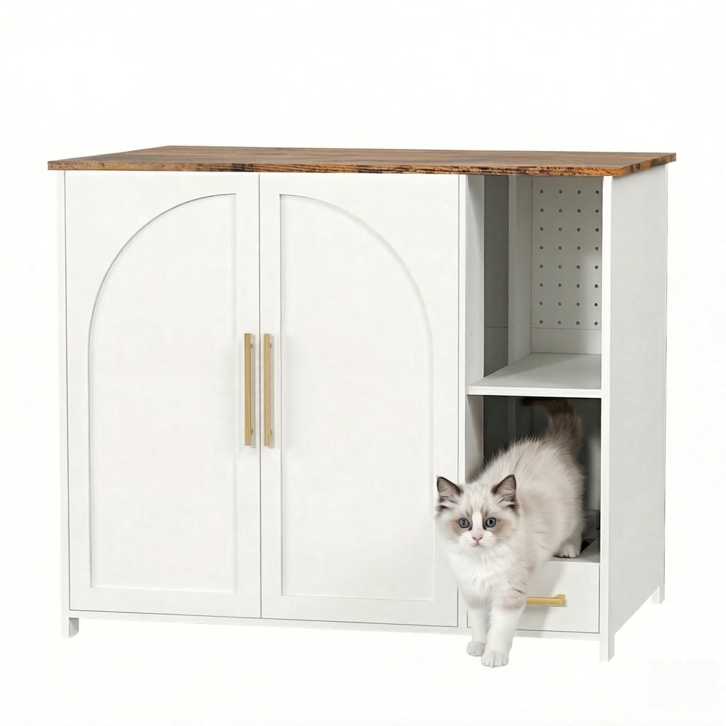 Hidden Cat Litter Box Enclosure Furniture – Large Dog-Proof Litter Box Cabinet with Power Strip, Compatible with Large Self-Cleaning Litter Boxes