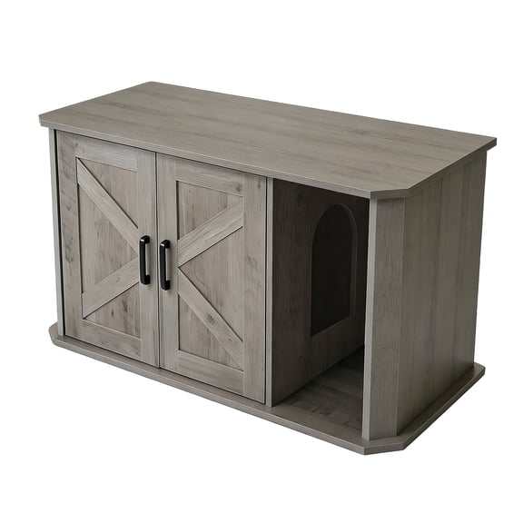 Hidden Cat Litter Box Enclosure Furniture, Wooden Cat Washroom Cabinet with Double Doors & Side Entry, Modern Pet House End Table, 33.5" x 19" x 19.5", Grey