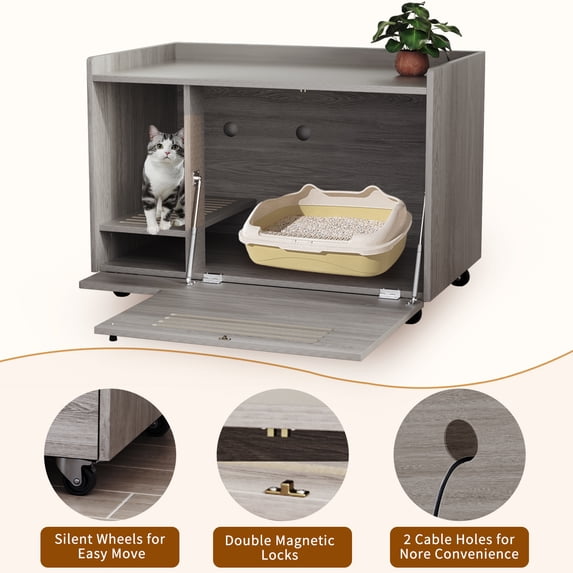 Hidden Cat Litter Box Enclosure Furniture with Silent Wheels, Modern Gray Side Table Pet House Cabinet for Living Room & Bedroom