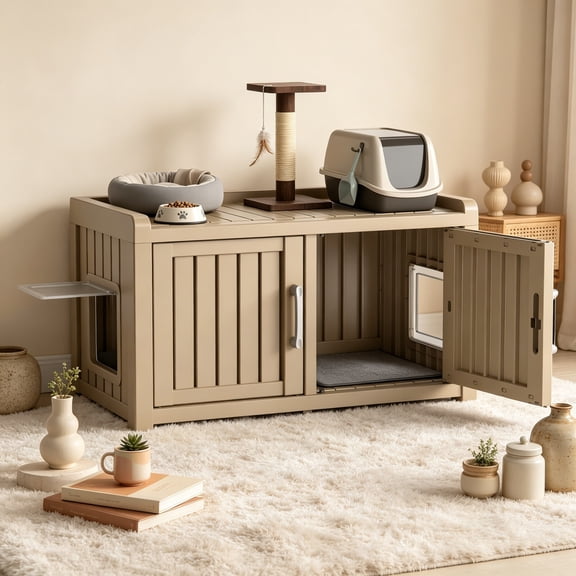 Hidden Cat Litter Box Enclosure, Litter Box Enclosure Furniture with Double Door, Sturdy Resin Scratch-Resistant Cat House, Storage Bench All-Weather for Indoor Use Against Walls, Grey
