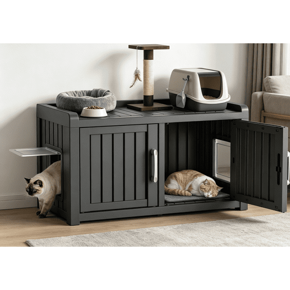 Hidden Cat Litter Box Enclosure, Litter Box Enclosure Furniture with Double Door, Sturdy Resin Scratch-Resistant Cat House, Storage Bench All-Weather for Indoor Use Against Walls, Black