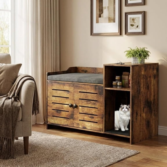 Hidden Cat Litter Box End Table - Large Double Door Enclosure with Storage Shelf - Cushion Mat Included - Dog Resistant Design