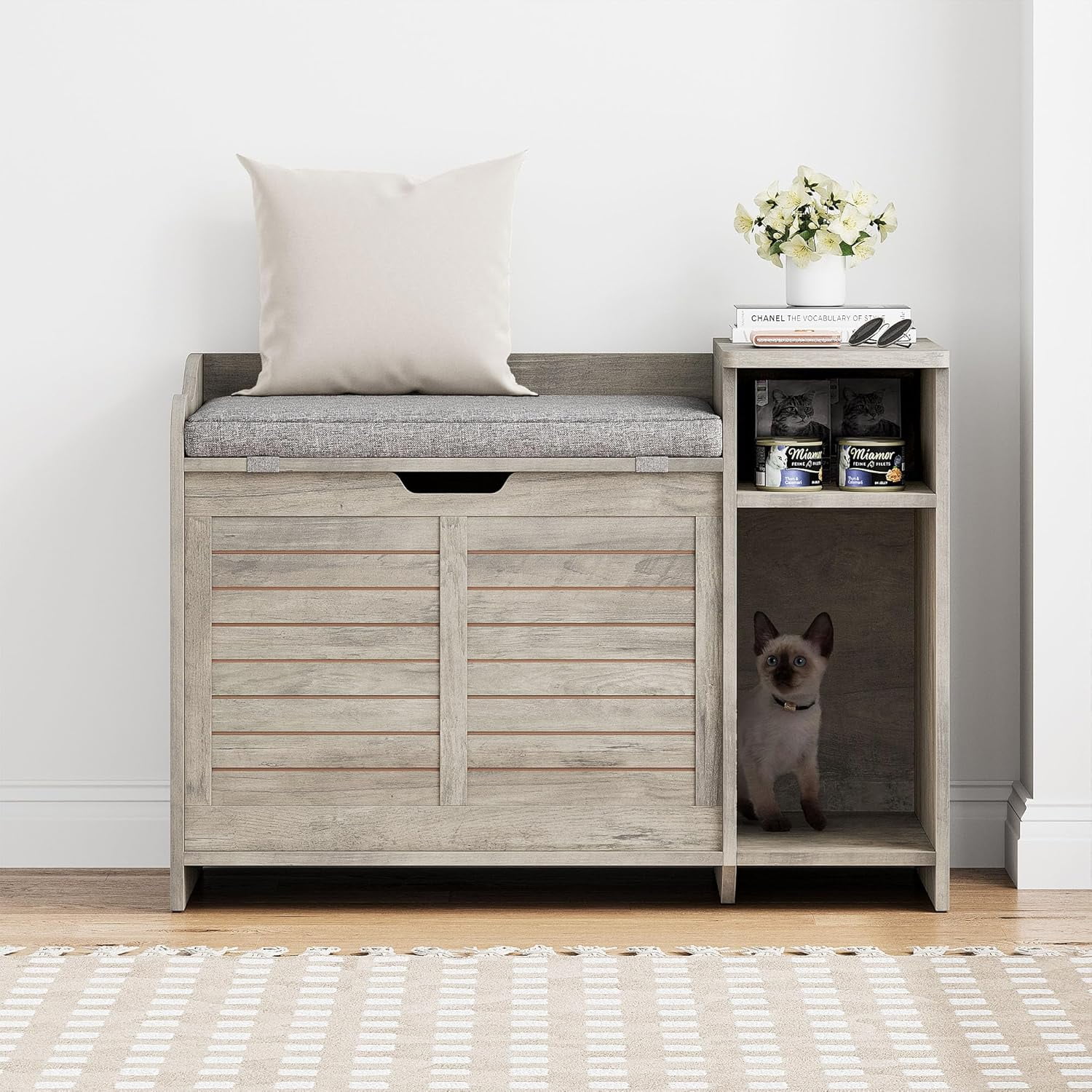 Hidden Cat Litter Box Furniture, Flip-Top Entryway Bench with Storage & Ventilation