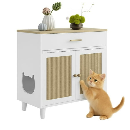 Hidden Cat Litter Box Furniture with Storage Drawer, Wood Cats Litter Enclosure Cabinet with 2 Sisal Doors, Hidden Enclosed Kitty Litter Box Cabinet Dog Proof for Living Room White