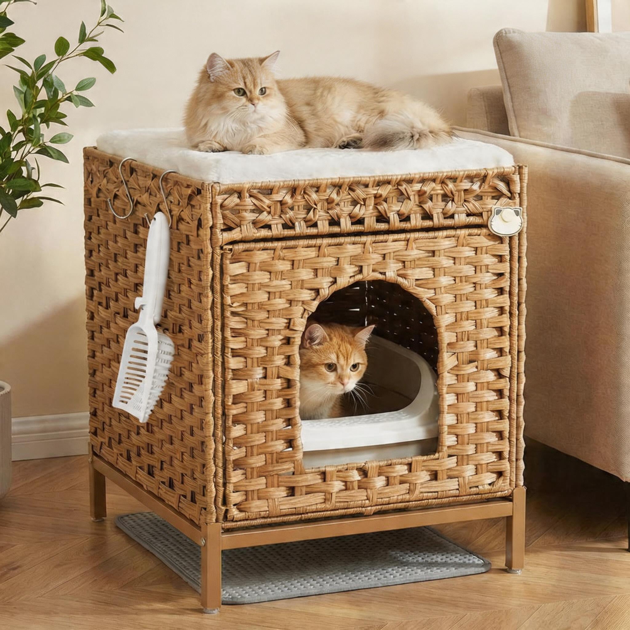 Hidden Cat Litter Box Furniture with Rattan Handwoven Design, Elevated Metal Feet, Enclosed Cat House for Bedroom and Living Room