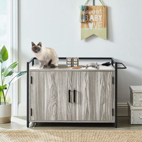 Hidden Cat Litter Box Furniture with Ventilation and Bench Seat, Pet