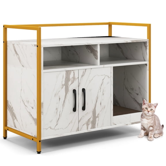 Hidden Cat Washroom with Double Doors and Scratch Cardboard-White, Cat Litter Box Enclosure , Hidden Cat Washroom Furniture, Pet Crate for Living Room, Bedroom, Balcony