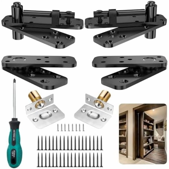 Hidden Door Hinge Pivot Hinge, 570LBS Load-Bearing Heavy Duty Pivot Door Hardware for Hidden Door Bookcase, Murphy Door Hinge Kit 360° Rotation Invisible Door Hinges for Secret Door (Black-2pcs)
