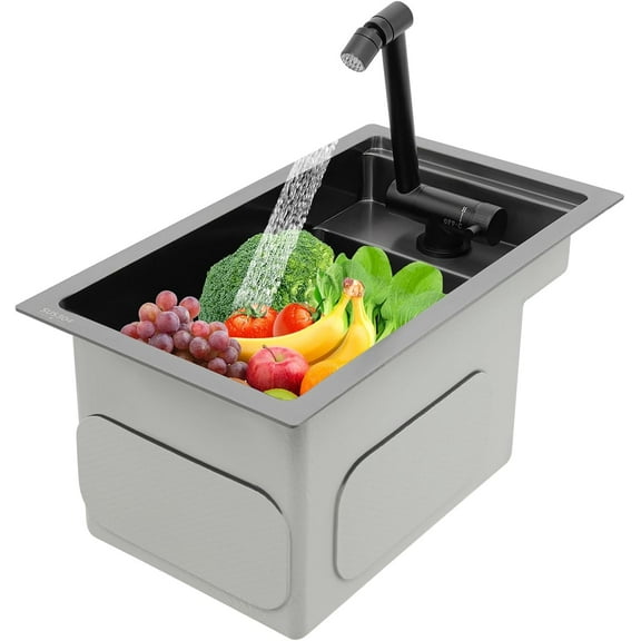 Hidden Drop-in Kitchen Sink, Single Bowl Kitchen Bar Sink with Folding Faucet, Stainless Steel Utility Sink Drop-in Sink for Home Bar Restaurant Yard, Black 16.9 * 9.8 * 8.7in