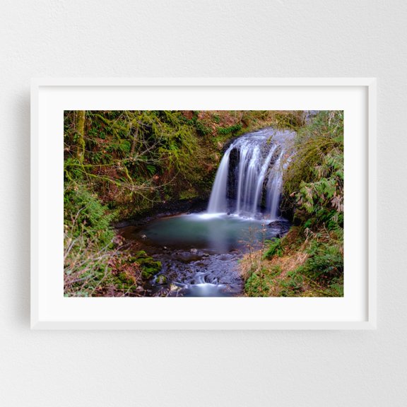 Hidden Falls in Motion - Happy Valley Oregon Photography Waterfall Nature Forest Scenic Wilderness Landscape Woodland White Framed Wall Art Print 5 x 7 inches