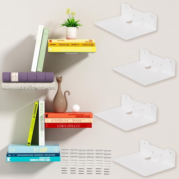 Hidden Floating Book Shelves for Wall, Floating Bookshelf Art Deco, Heavy-Duty Steel Hidden Bookshelf Hanging Bookshelves for Bedroom Living Room Office, White 4-Pack