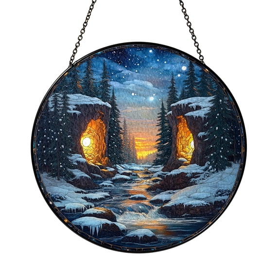 Hidden Forest Cave River Scene Stained Glass Style Window Suncatcher Decor, Magical Adventure Home Accent Gift