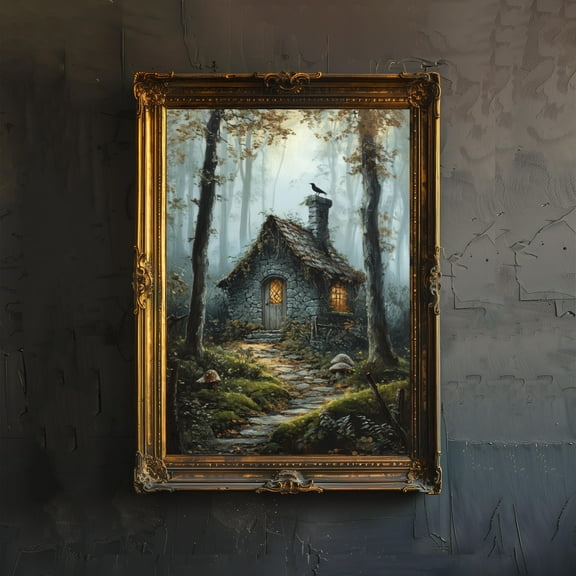 Hidden Forest Cottage Poster Cottagecore Decor Dark Academia Art Enchanted Woodland Illustration Vintage Nature Wall Art