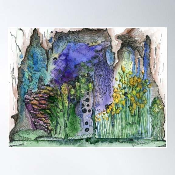 Hidden Forest World In A Cave I Watercolour And Black Line Pen Poster Wall Art, Modern Wall Decor, 8x12 UNFRAMED