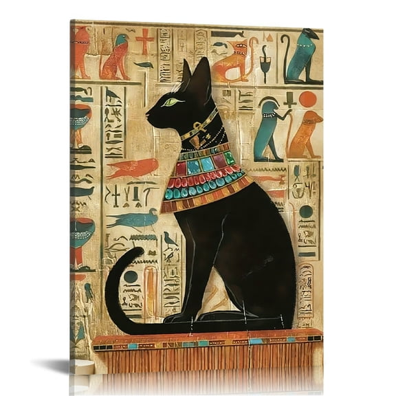 Hidden Frame Canvas Wall Art - Ancient Egyptian Bastet Black Cat Decor Mysterious Vintage-Style Popular Wall Decor for Study 16x24in
