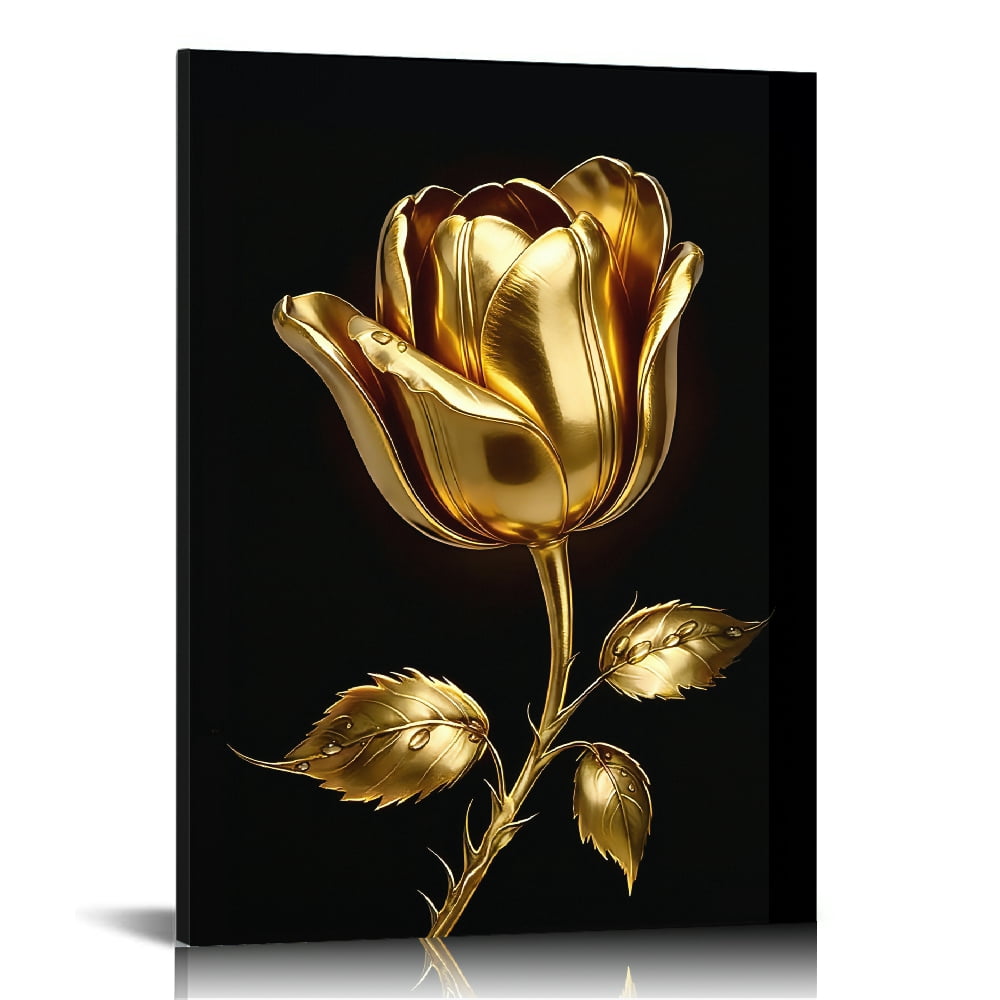 Hidden Frame Canvas Wall Art - Black & Gold Rose Textured Relief Decor ...