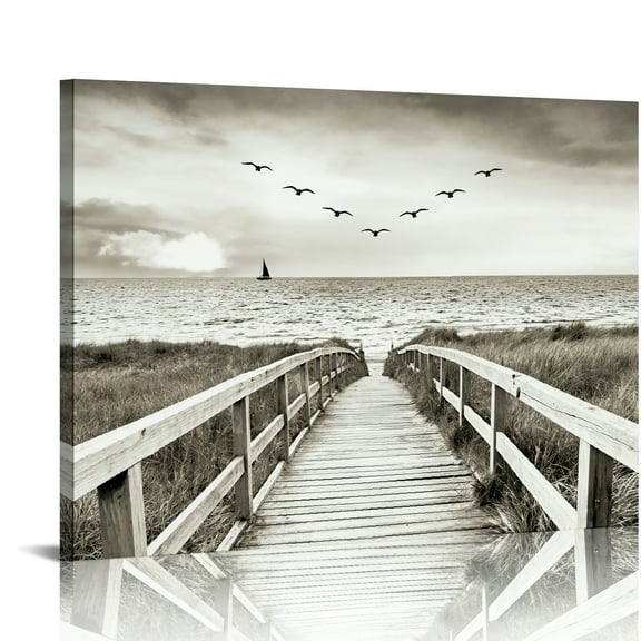 Hidden Frame Canvas Wall Art - Black & White Beach Boardwalk with Sailboat Scenery Calming Popular Wall Decor for Living Room & Entryway 16x12in