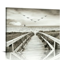 Hidden Frame Canvas Wall Art - Black & White Beach Boardwalk with Sailboat Scenery Calming Popular Wall Decor for Living Room & Entryway 16x12in