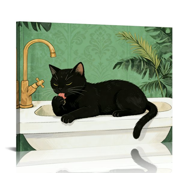 Hidden Frame Canvas Wall Art - Cute Black Cat Licking Paw on Sink Fresh Popular Wall Decor for Bathroom & Restroom 16x12in