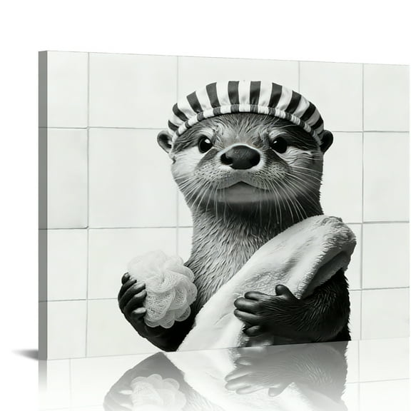 Hidden Frame Canvas Wall Art - Cute Otter Bathing Black & White Playful Popular Wall Decor for Bathroom & Restroom 16x12in