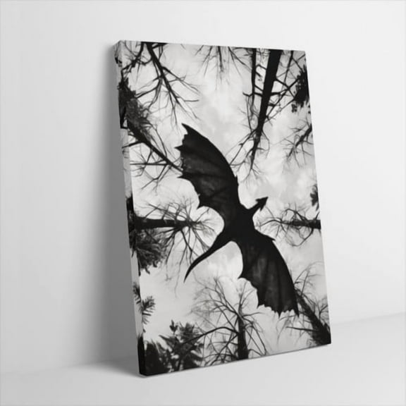 Hidden Frame Canvas Wall Art - Dark Forest Black Dragon Silhouette Edgy Fantasy Popular Wall Decor for Living Room 16x24in