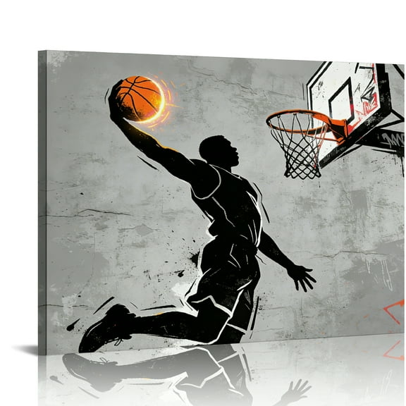 Hidden Frame Canvas Wall Art - Dynamic Basketball Dunk Silhouette Street Style Popular Wall Decor for Living Room & Sports Space 16x12in