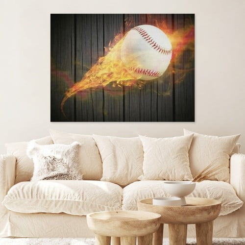 Hidden Frame Canvas Wall Art - Dynamic Flaming Baseball Sports Style Popular Wall Decor for Home Living Room 12x16in