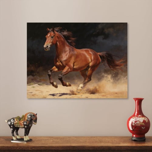Hidden Frame Canvas Wall Art - Dynamic Galloping Horse Oil Painting Style Popular Wall Decor for Living Room & Study 16x12in