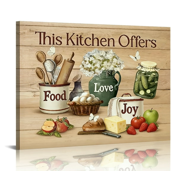 Hidden Frame Canvas Wall Art - Farmhouse Style Kitchen "Food Love Joy" Cozy Popular Wall Decor for Kitchen & Dining Room 16x12in