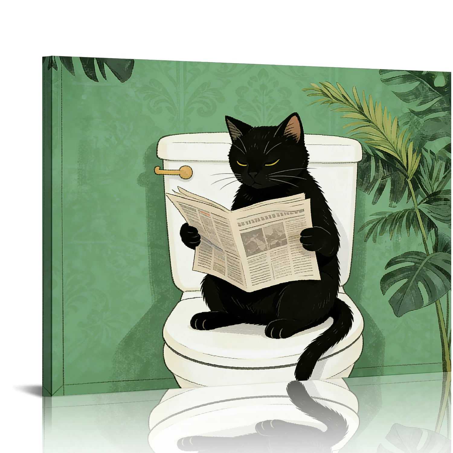Hidden Frame Canvas Wall Art - Funny Black Cat Reading Newspaper on ...