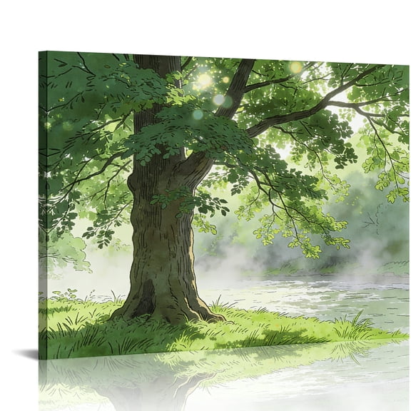 Hidden Frame Canvas Wall Art - Healing Japanese Anime Style Riverbank Giant Tree Popular Fresh Wall Decor for Living Room & Bedroom 32x24in