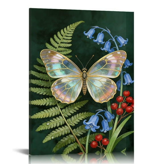 Hidden Frame Canvas Wall Art - Iridescent Butterfly & Forest Plants Decor Luxury Retro-Style Popular Wall Decor for Living Room 16x24in