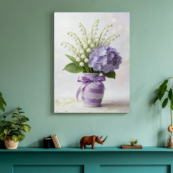 Hidden Frame Canvas Wall Art - Light Purple Lily of the Valley & Hydrangea Bouquet Soft Luxury Cozy Ambience Popular Wall Decor for Bedroom 8x12in