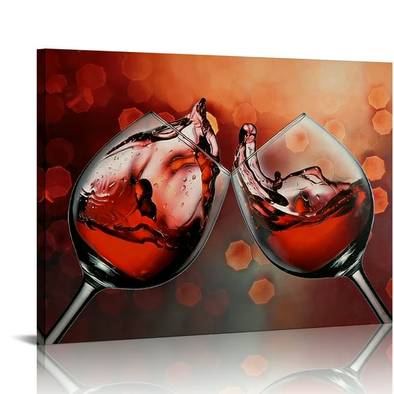 Hidden Frame Canvas Wall Art - Luxury Cozy Red Wine Glasses Clinking Wine Splash Style Popular Ambiance Wall Decor for Dining Room & Living Room 16x12in