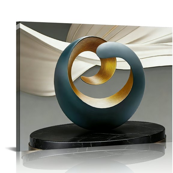 Hidden Frame Canvas Wall Art - Luxury Dark Green & Gold Ring Sculpture Modern High-End Popular Wall Decor for Living Room 16x12in