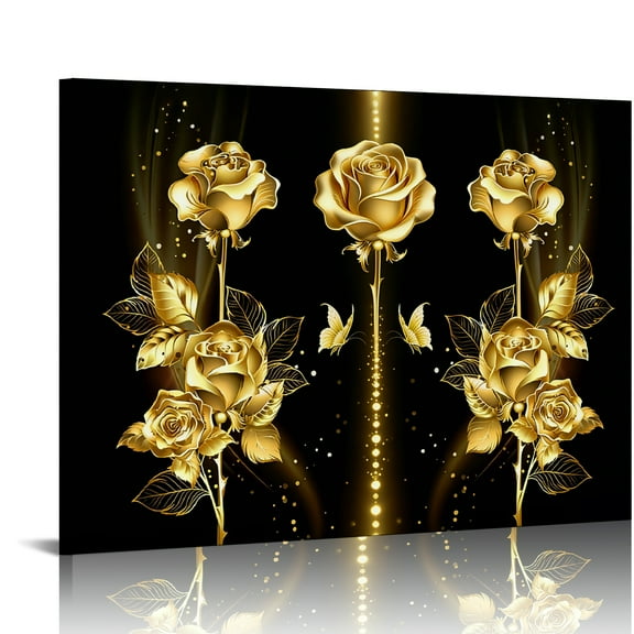 Hidden Frame Canvas Wall Art - Luxury Gold Roses on Black Background High-End Glam Popular Wall Decor for Living Room 16x12in