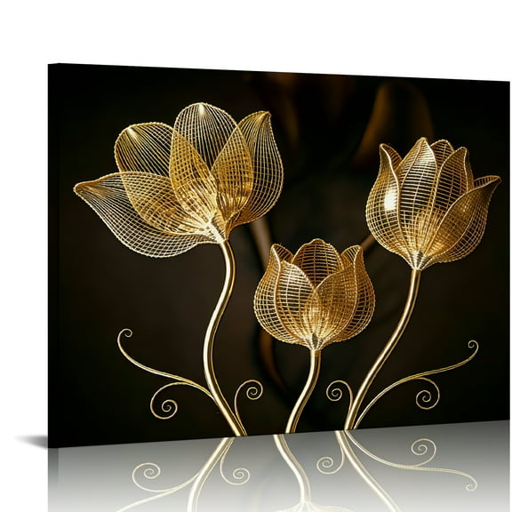 Hidden Frame Canvas Wall Art - Luxury Gold Wire Art Tulips High-End Modern Popular Wall Decor for Living Room 32x24in