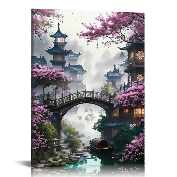 Hidden Frame Canvas Wall Art - Misty Rain Flower Bridge & Ancient Architecture Decor Elegant Oriental-Style Popular Wall Decor for Living Room 20x30in