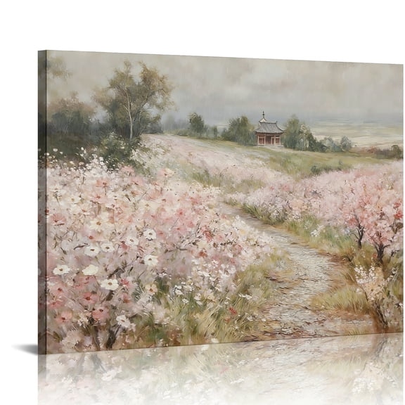 Hidden Frame Canvas Wall Art - Misty Rain Pink Flower Path & Pavilion Oil Painting Decor Serene Pastoral-Style Popular Wall Decor for Living Room 24x18in