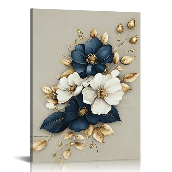 Hidden Frame Canvas Wall Art - Navy Blue, White & Gold Light Luxury Floral Decor Elegant High-End Popular Wall Decor for Entryway 20x30in