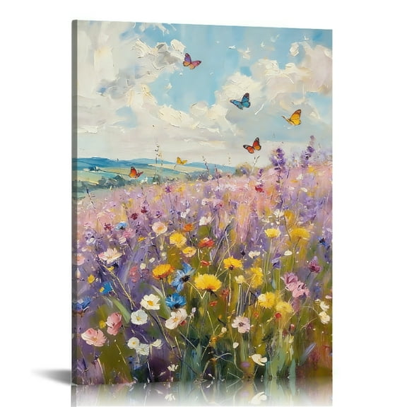 Hidden Frame Canvas Wall Art - Oil Painting Style Flower Field & Butterflies Decor Fresh Pastoral-Style Popular Wall Decor for Living Room 24x36in