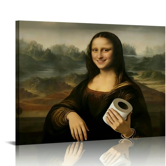 Hidden Frame Canvas Wall Art - Parody "Mona Lisa" Holding Toilet Paper Roll Playful Art Popular Wall Decor for Bathroom 16x12in
