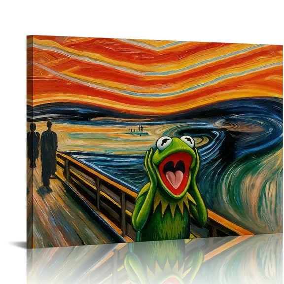 Hidden Frame Canvas Wall Art - Parody "The Scream" with Kermit the Frog Playful Art Popular Wall Decor for Living Room 16x12in